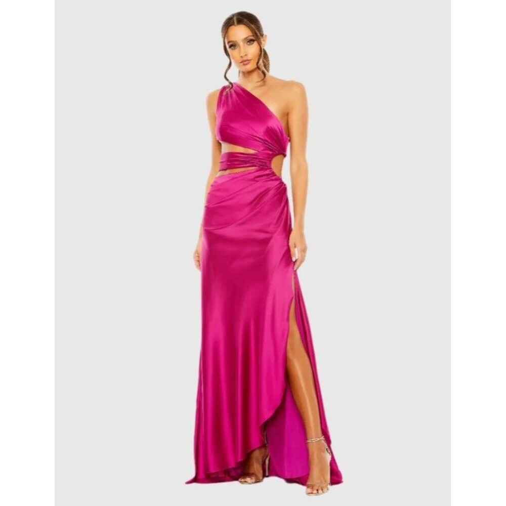 Mac Duggal 68485 Magenta Satin One Shoulder Cut Out Gown Formal Prom Dress Sz 8